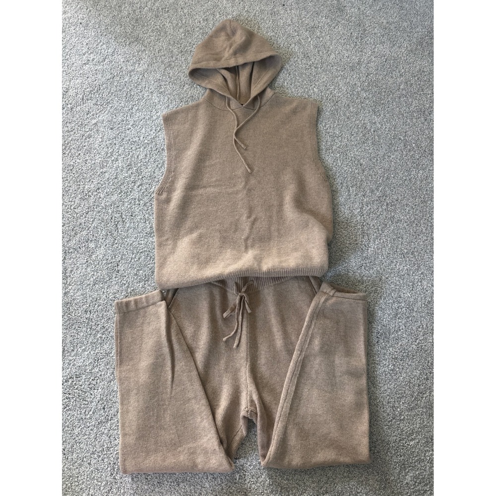 Olivaceous Wool Blend Knit Lounge Set Sleeveless Hoodie & Joggers Tan Small